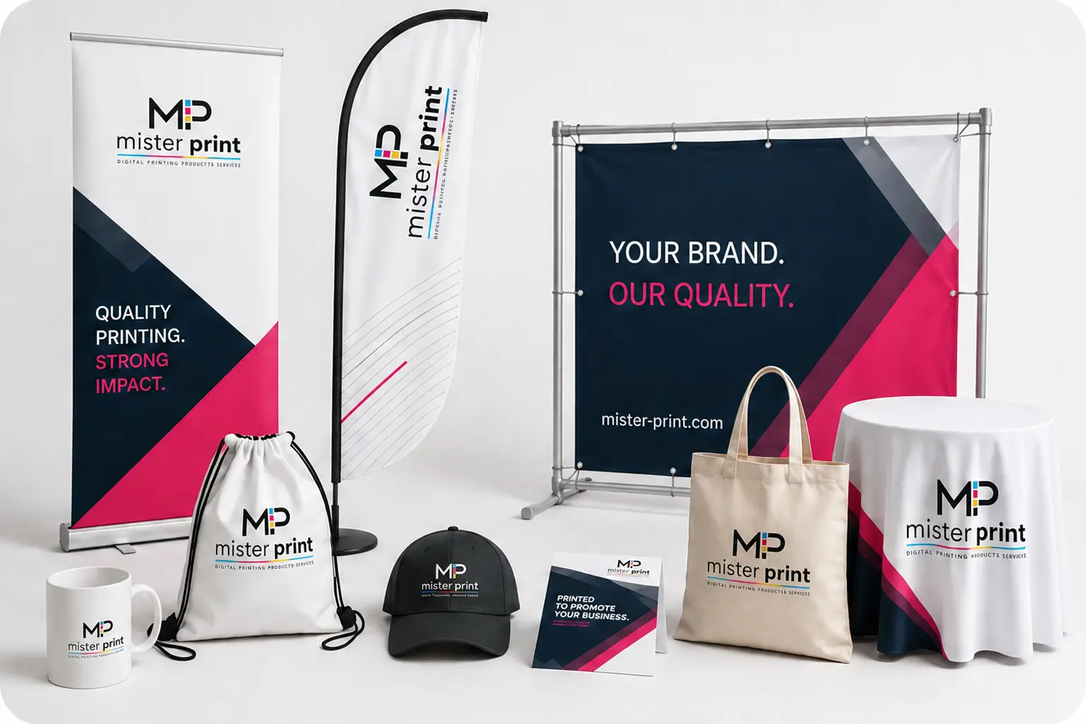 Mister Print — produits d'impression personnalisables : roll-up, drapeau, sac et bâche